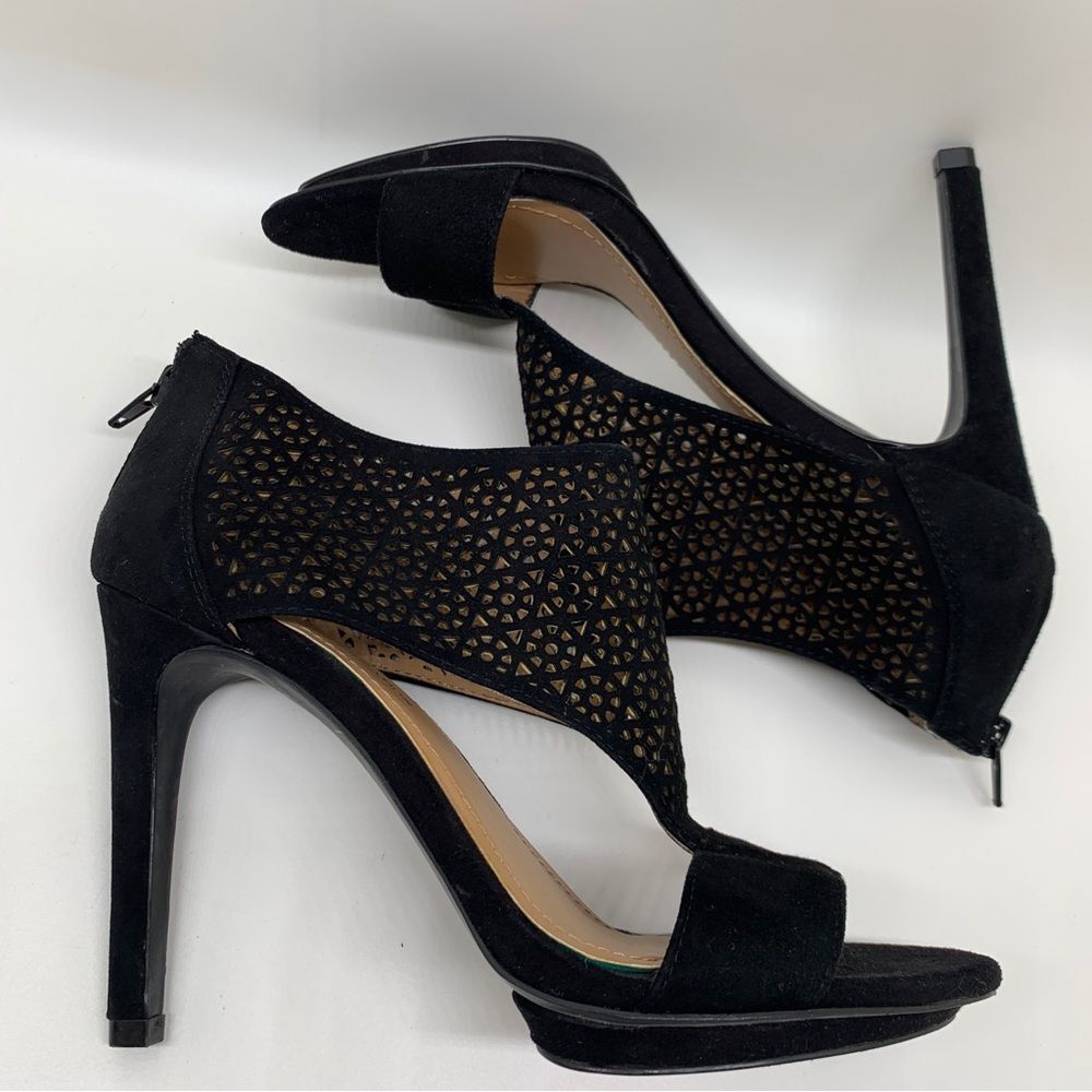 BCBGeneration Kadia Black Sz 7.5 Suede Lattice Stiletto Open Toe Zip Closure - Picture 9 of 13